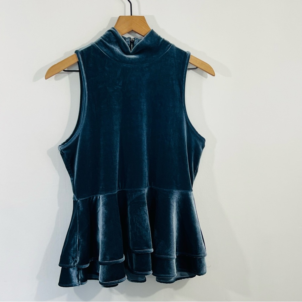 Torn By Ronny Kobo Icy Blue Velvet Sleeveless Gorgeous Peplum Top Size Medium - Picture 3 of 12